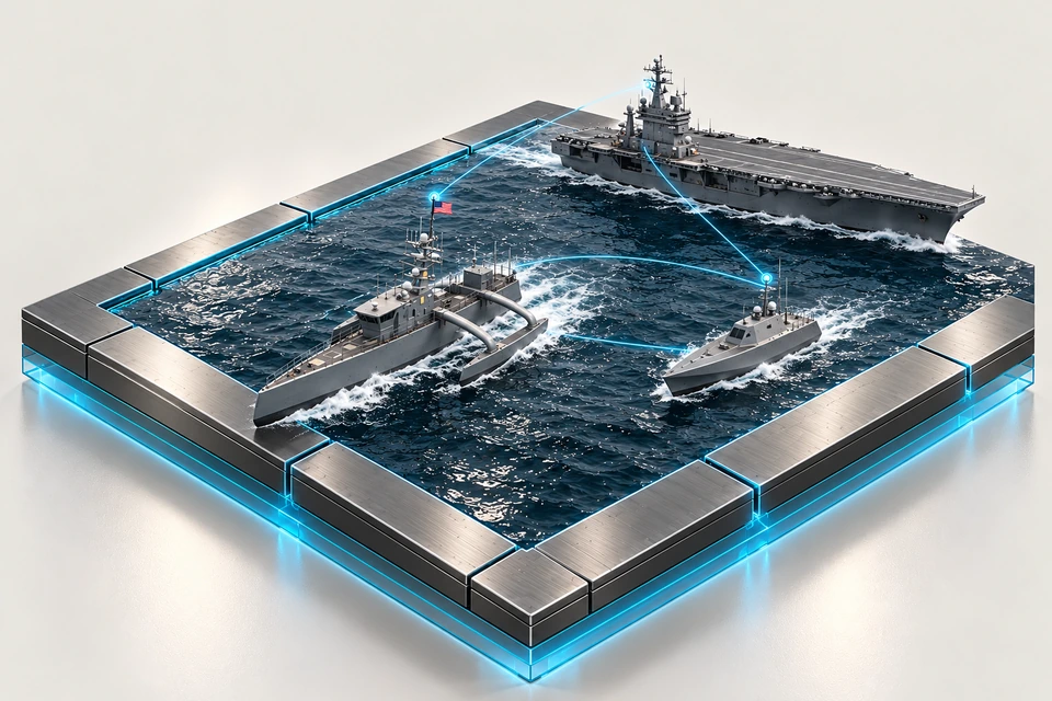Trimaran and monohull uncrewed surface vessels operating with a crewed carrier in a connected maritime scene.