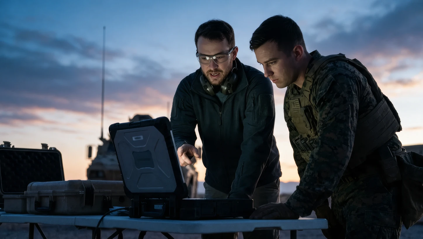 Two people working together at a rugged terminal outdoors at dusk, one gesturing toward the screen.