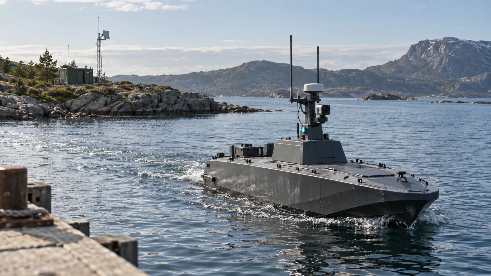 Uncrewed surface vessel with mast sensors underway near a rocky coastline and shore station.