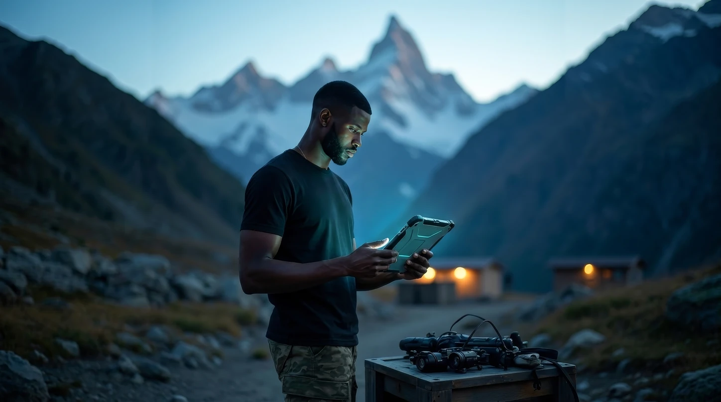 A person holding a rugged tablet in mountainous terrain at dusk, beside cabled equipment on a table.