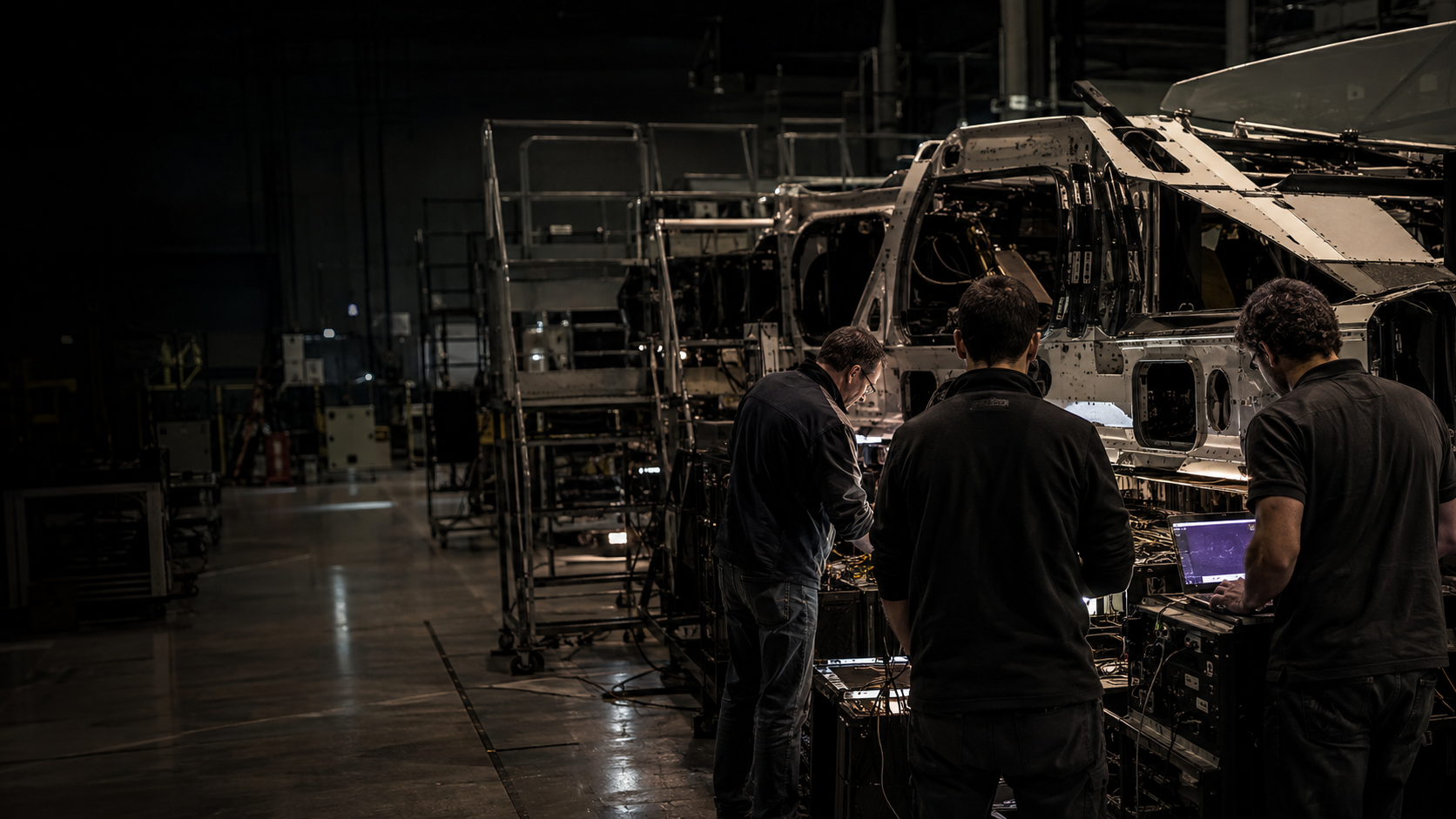 Engineers working on an aerospace frame inside a dim industrial hangar