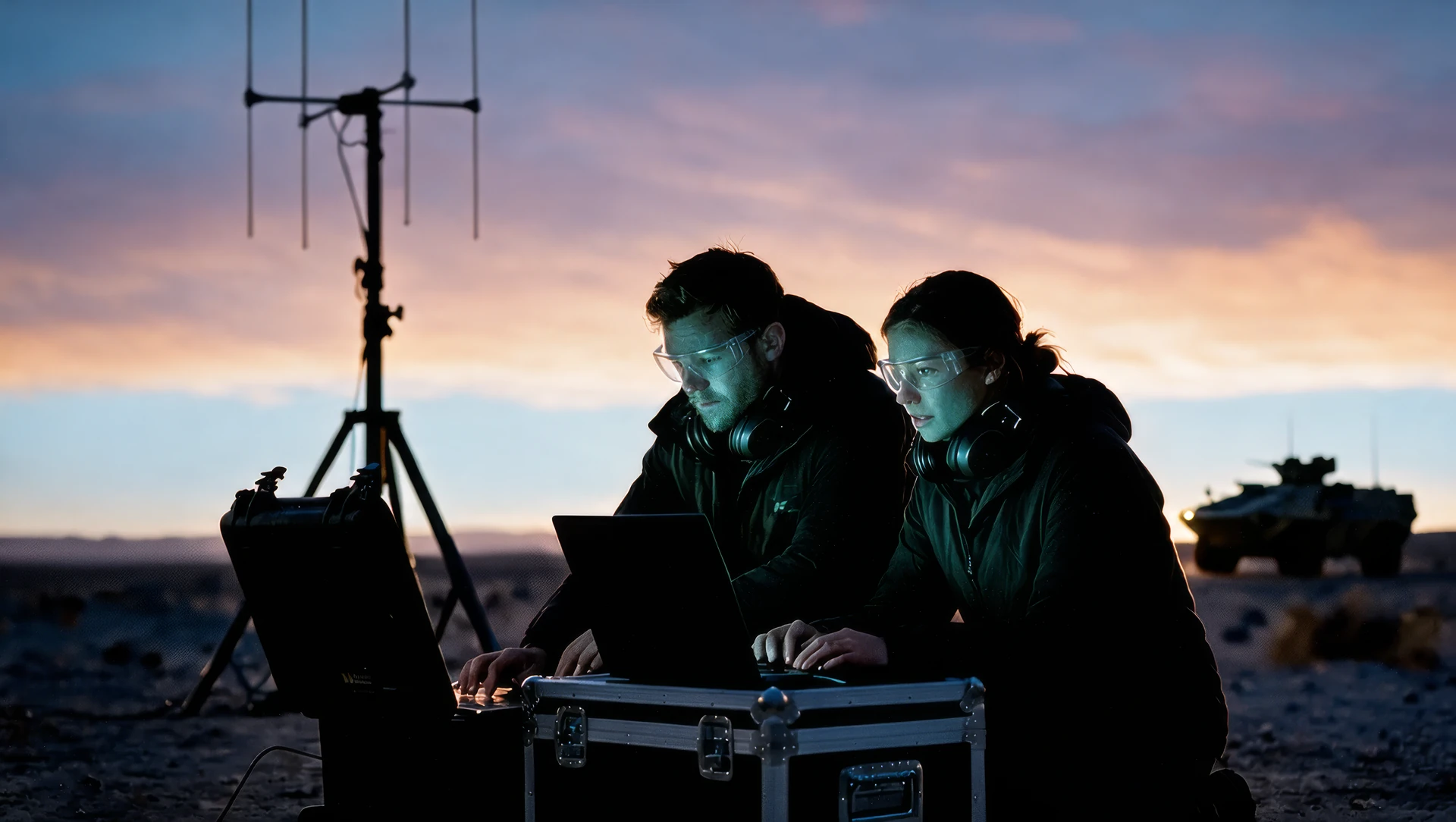 Two people wearing safety glasses and working at laptops on equipment cases in rocky terrain at dusk, beside an antenna mast.