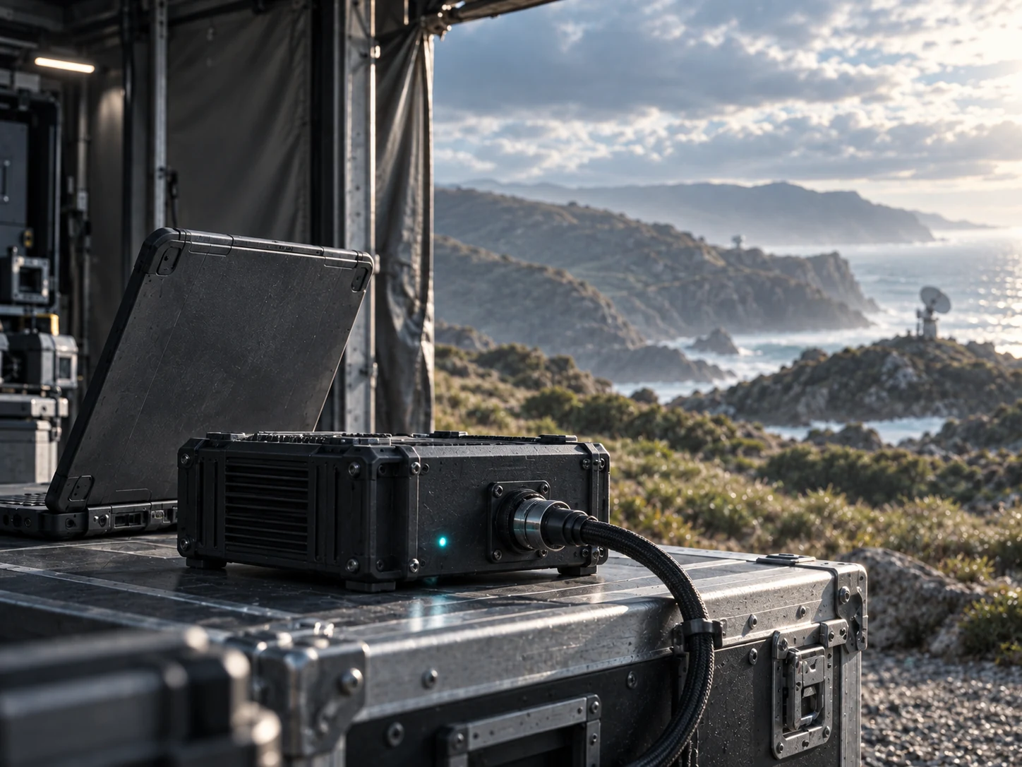 Rugged field equipment in a coastal shelter overlooking a rocky shoreline