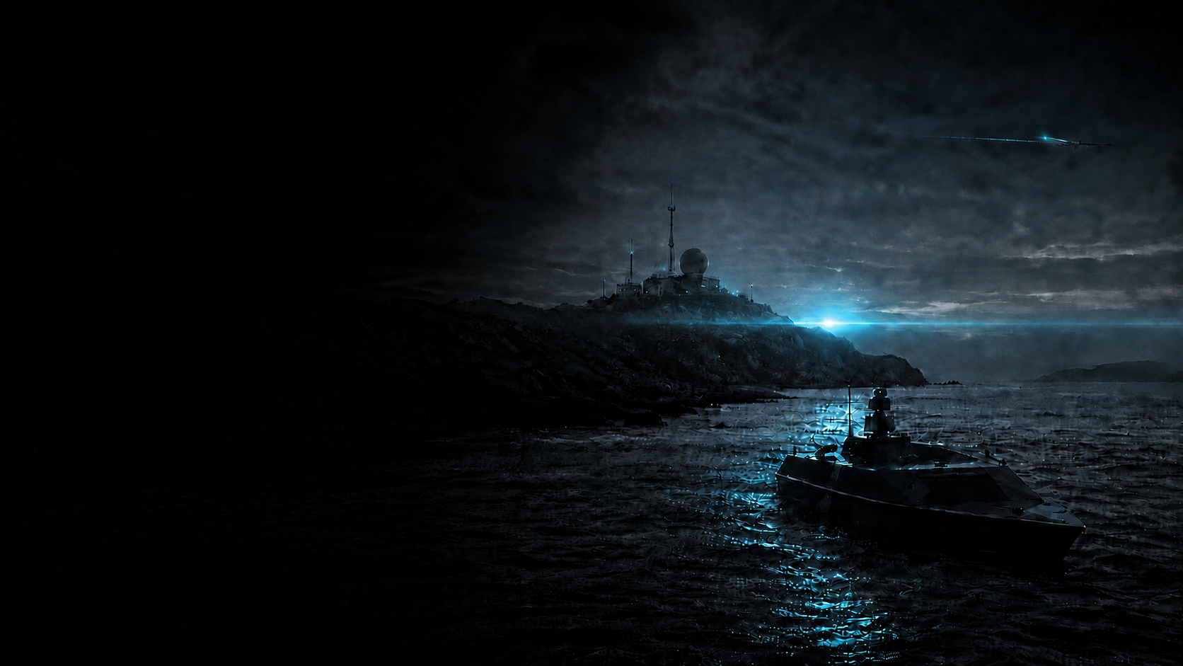 Night coastal mission scene with a naval vessel and a radar installation under a cyan horizon flare