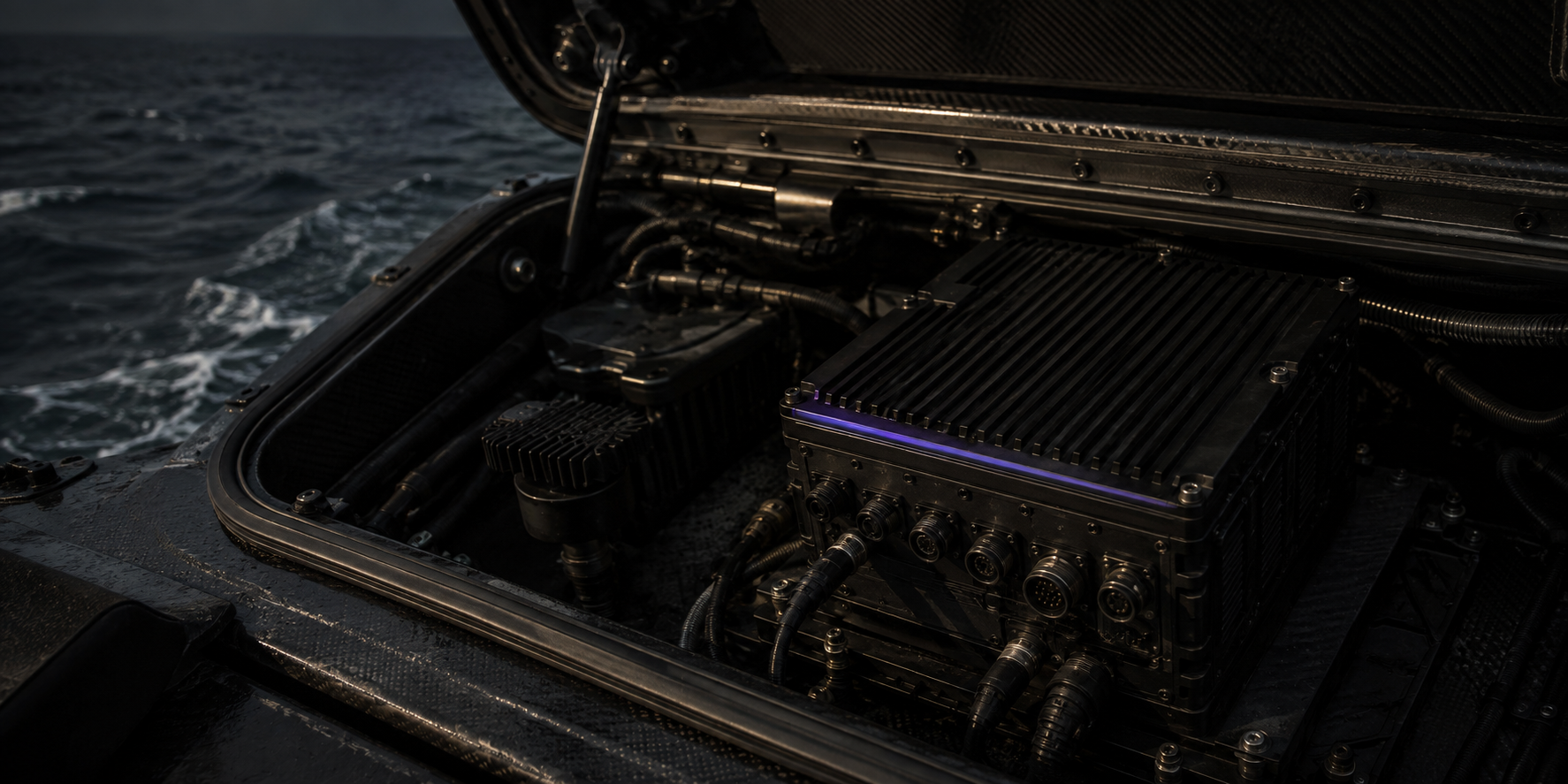 Ruggedized mission hardware with violet indicator lights inside a carbon-fibre enclosure