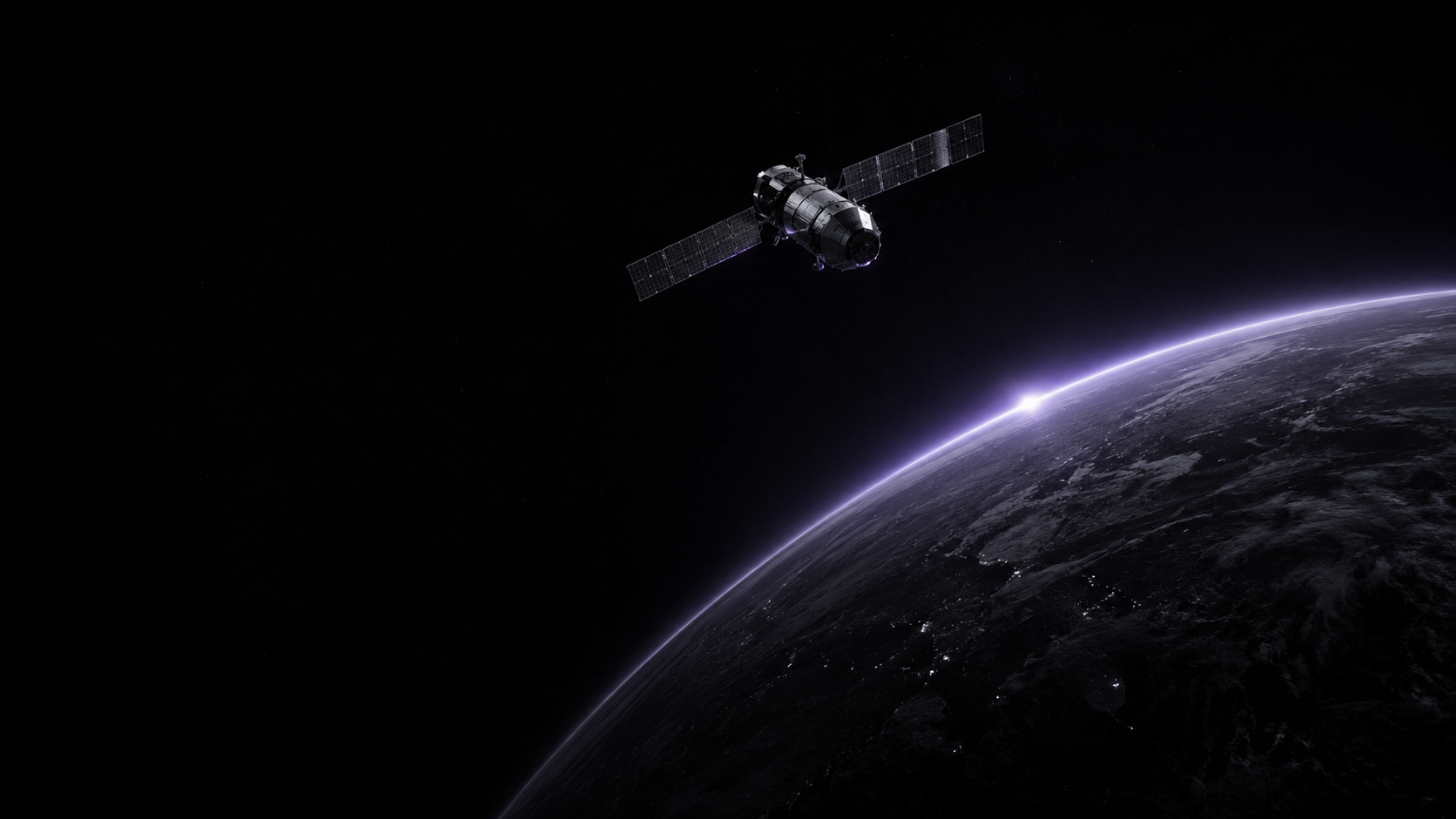 Satellite in orbit above Earth with a violet atmospheric glow on the horizon